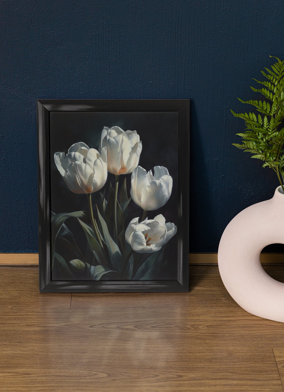 White Tulips Dark Background Elegant Floral Oil Painting Art Print