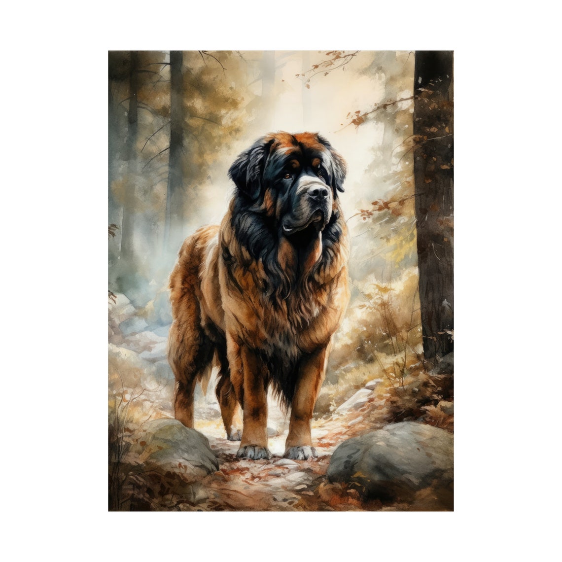 Tibetan Mastiff Standing in Misty Forest Watercolor Dog Art Print - Image 4