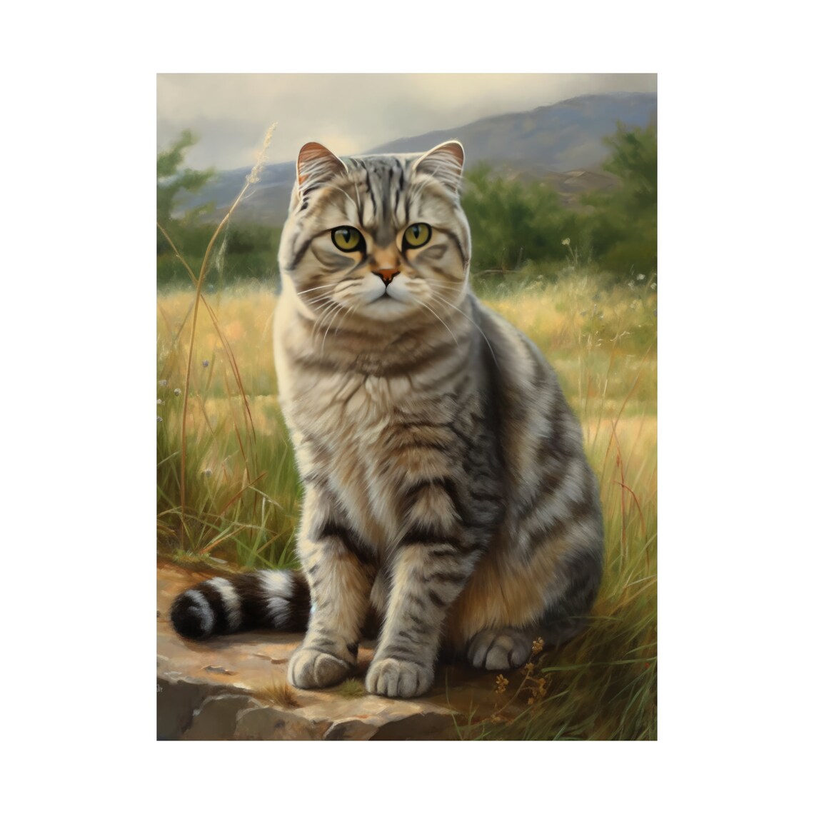 Scottish Fold Silver Tabby Cat Meadow Rock Cute Feline Art Poster - Image 4