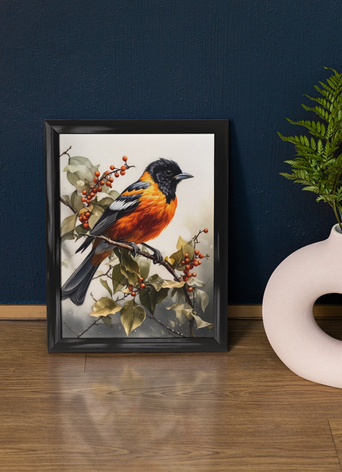 Baltimore Oriole Berry Branch Watercolor Songbird Bird Art Print