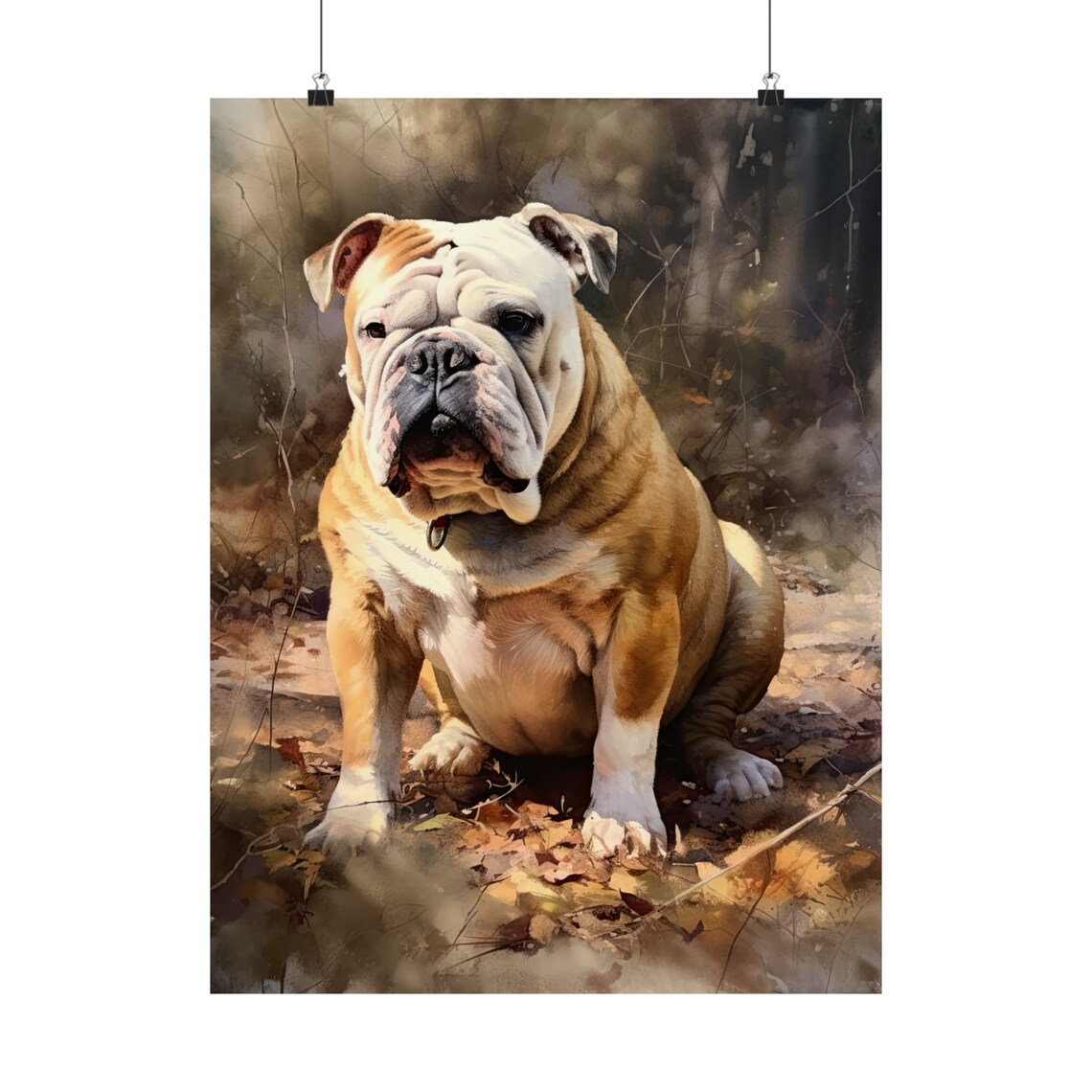 English Bulldog Autumn Leaves Portrait Painterly Dog Art Poster - Image 5