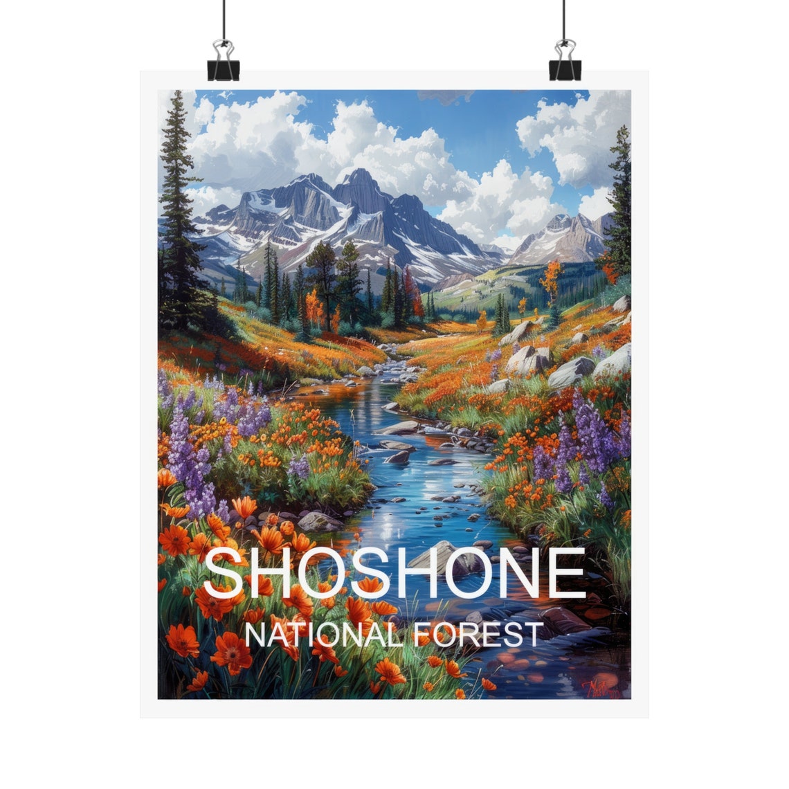 Shoshone National Forest Wildflower Stream Snowy Peaks Travel Poster - Image 4
