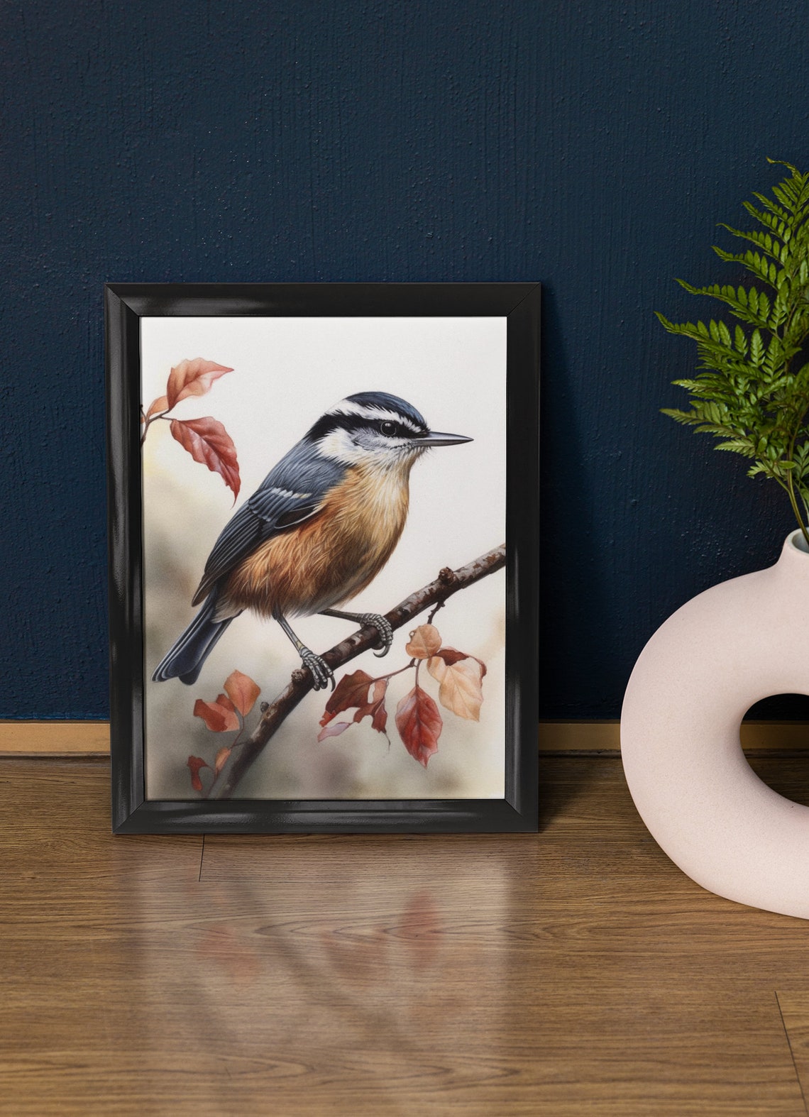 Red Breasted Nuthatch Bird Autumn Leaves Watercolor Fine Art Poster