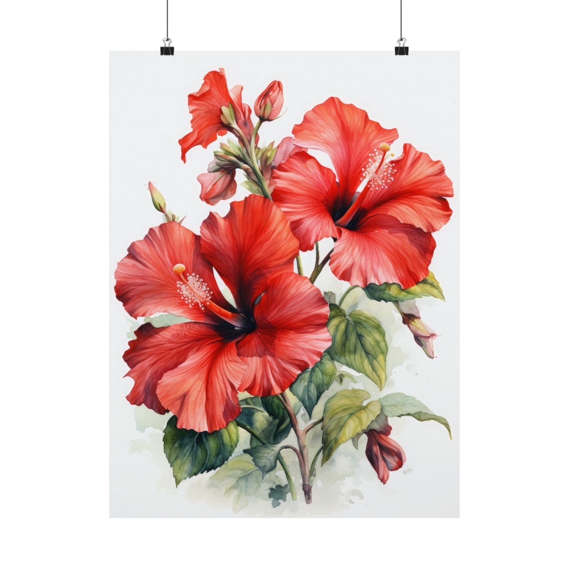Red Orange Hibiscus Blooms Watercolor Tropical Fine Art Poster - Image 5