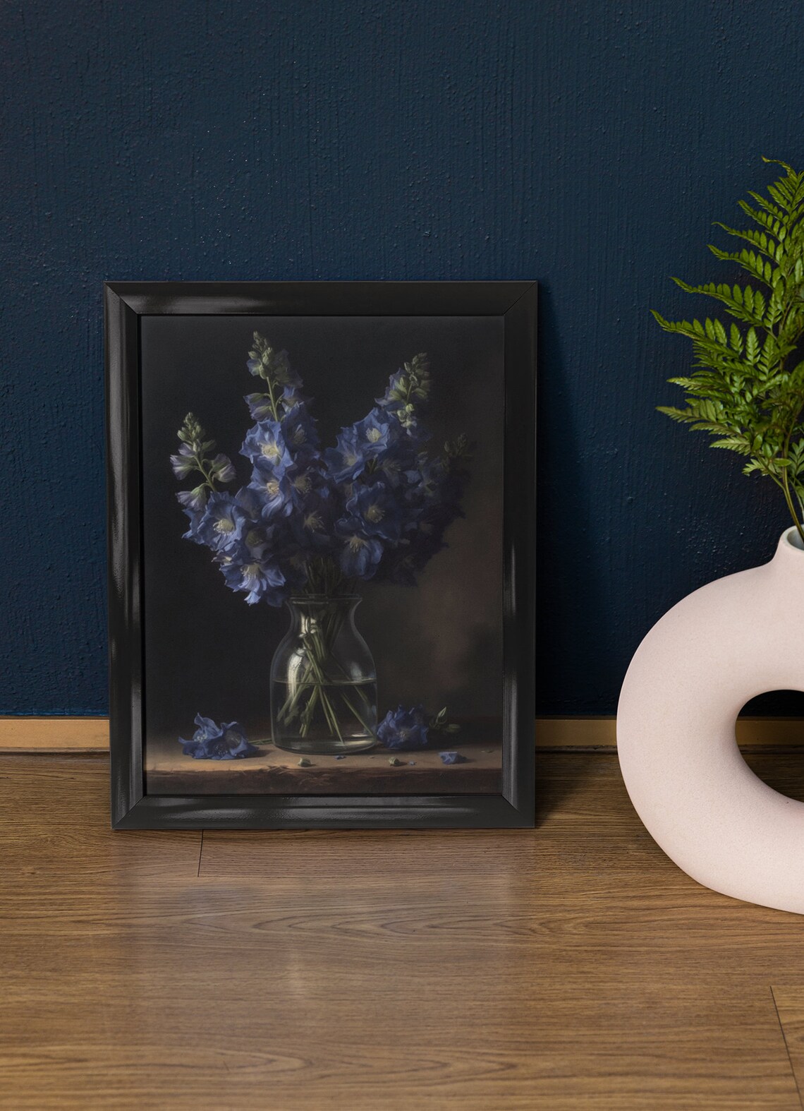 Blue Delphinium Tall Spikes Glass Vase Dark Still Life Poster
