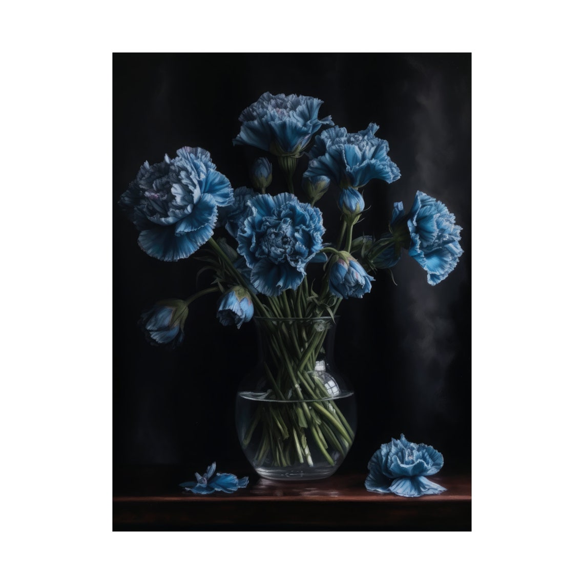 Blue Carnations Round Glass Bowl Soft Misty Dark Floral Art Poster - Image 4