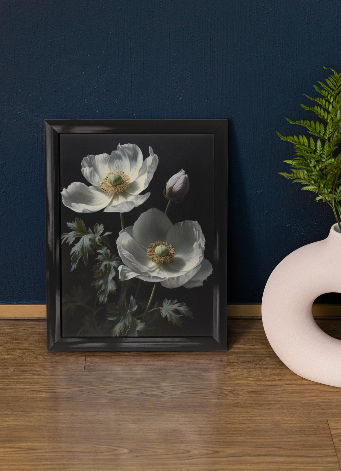 White Anemone Blooms Buds Dark Moody Botanical Floral Art Poster