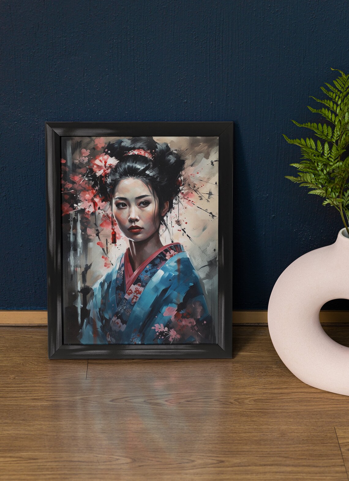 Geisha Blue Kimono Cherry Blossom Artistic Portrait Asian Art Poster