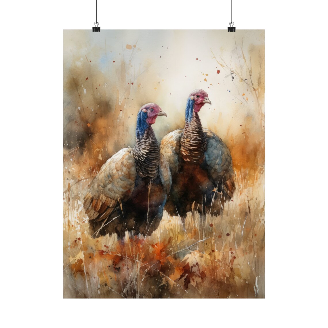 Pair of Wild Turkeys Golden Meadow Watercolor Rustic Wall Art Print - Image 5