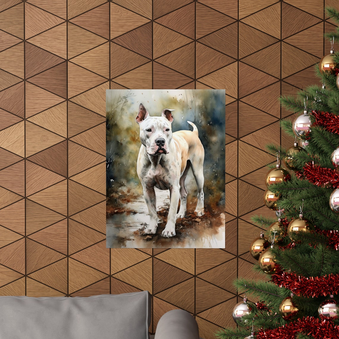 Dogo Argentino White Muscular Dog Standing Watercolor Portrait Poster - Image 3