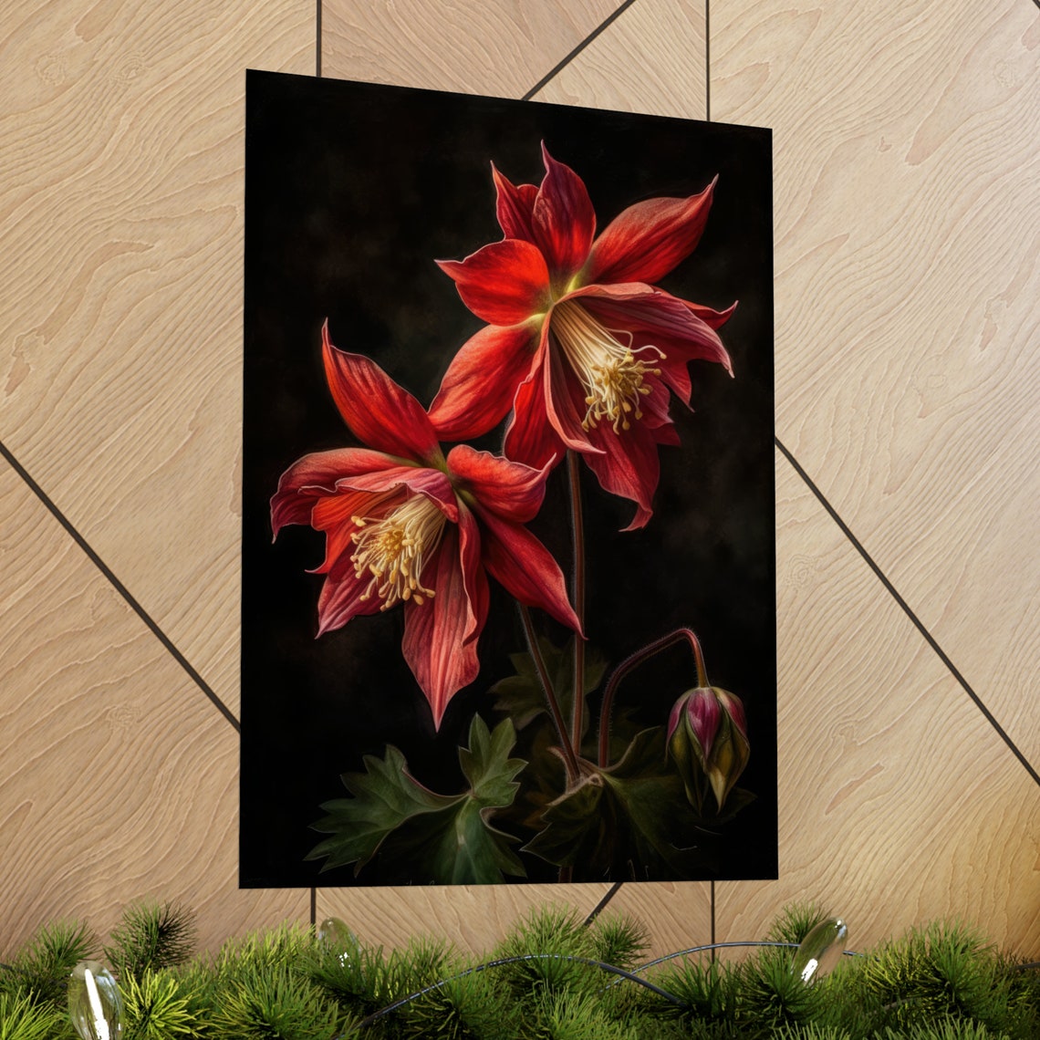 Red Columbine Crimson Blooms Bud Dark Dramatic Floral Art Poster - Image 2