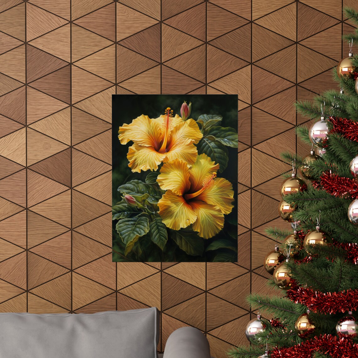 Golden Yellow Hibiscus Blooms Dark Tropical Floral Fine Art Poster - Image 3
