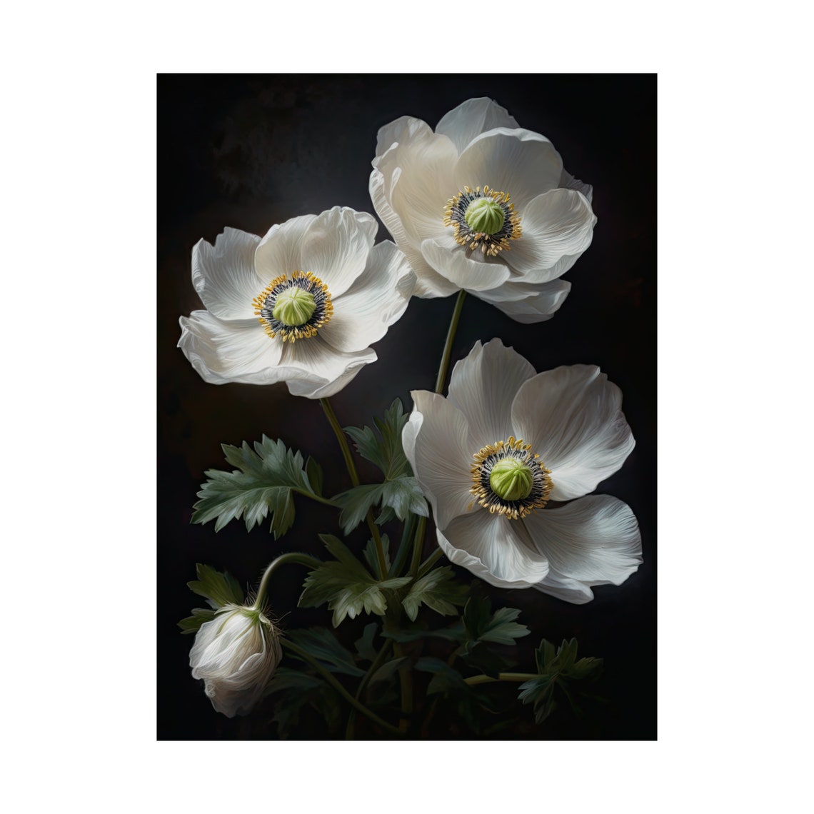 White Anemone Flowers Dark Background Botanical Painting Art Print - Image 4