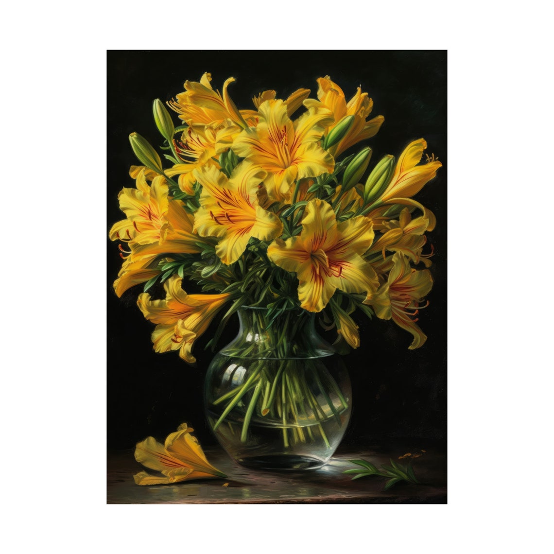 Yellow Alstroemeria Flowers Glass Vase Dark Elegant Floral Art Print - Image 4