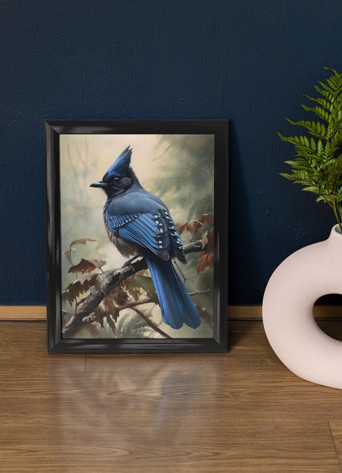 Steller's Jay Watercolor Bird Perched Autumn Branch Art Poster