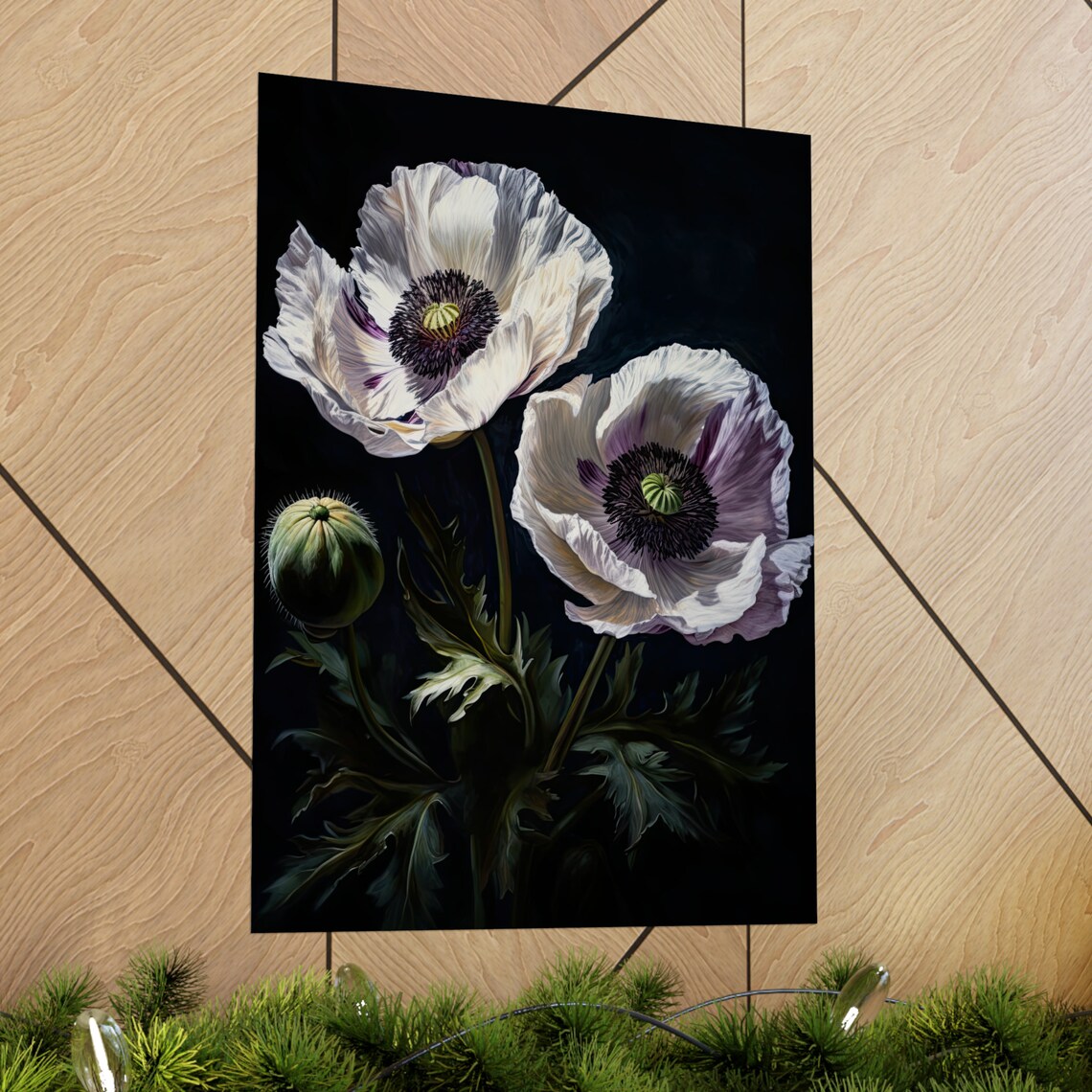 Oriental Poppy Flowers White Dark Center Moody Botanical Art Print - Image 2