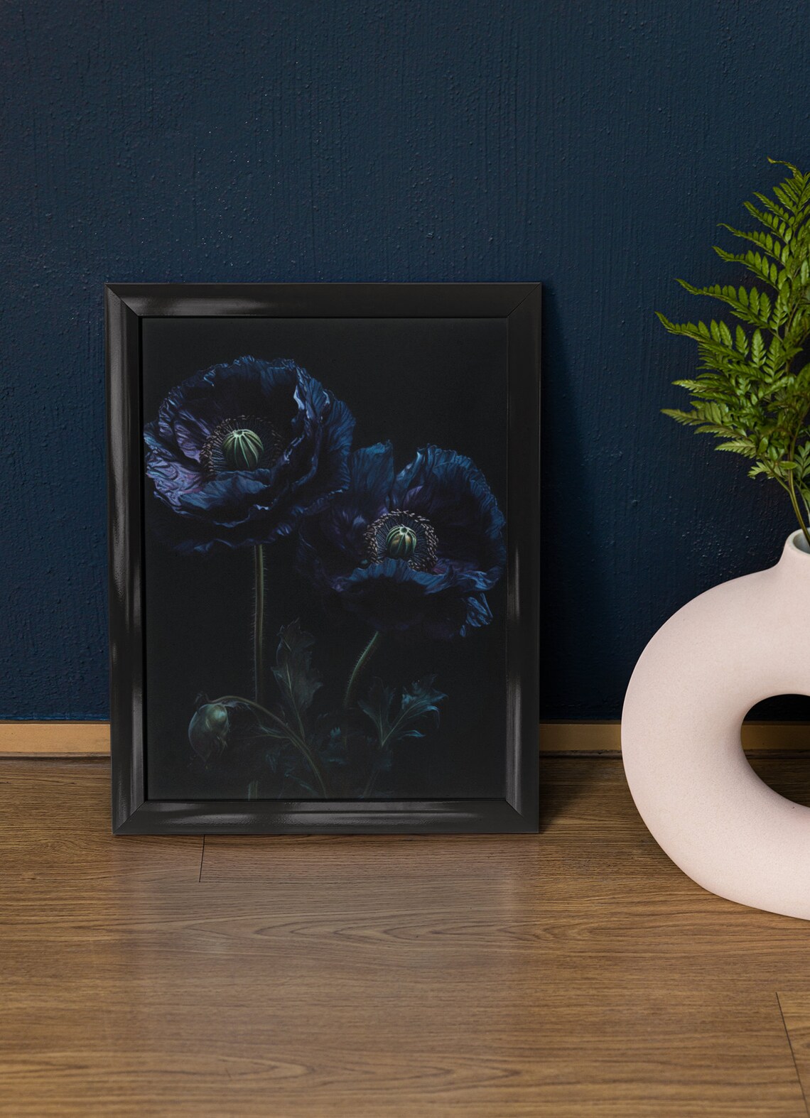 Blue Poppy Flowers Midnight Dark Botanical Oil Painting Art Print