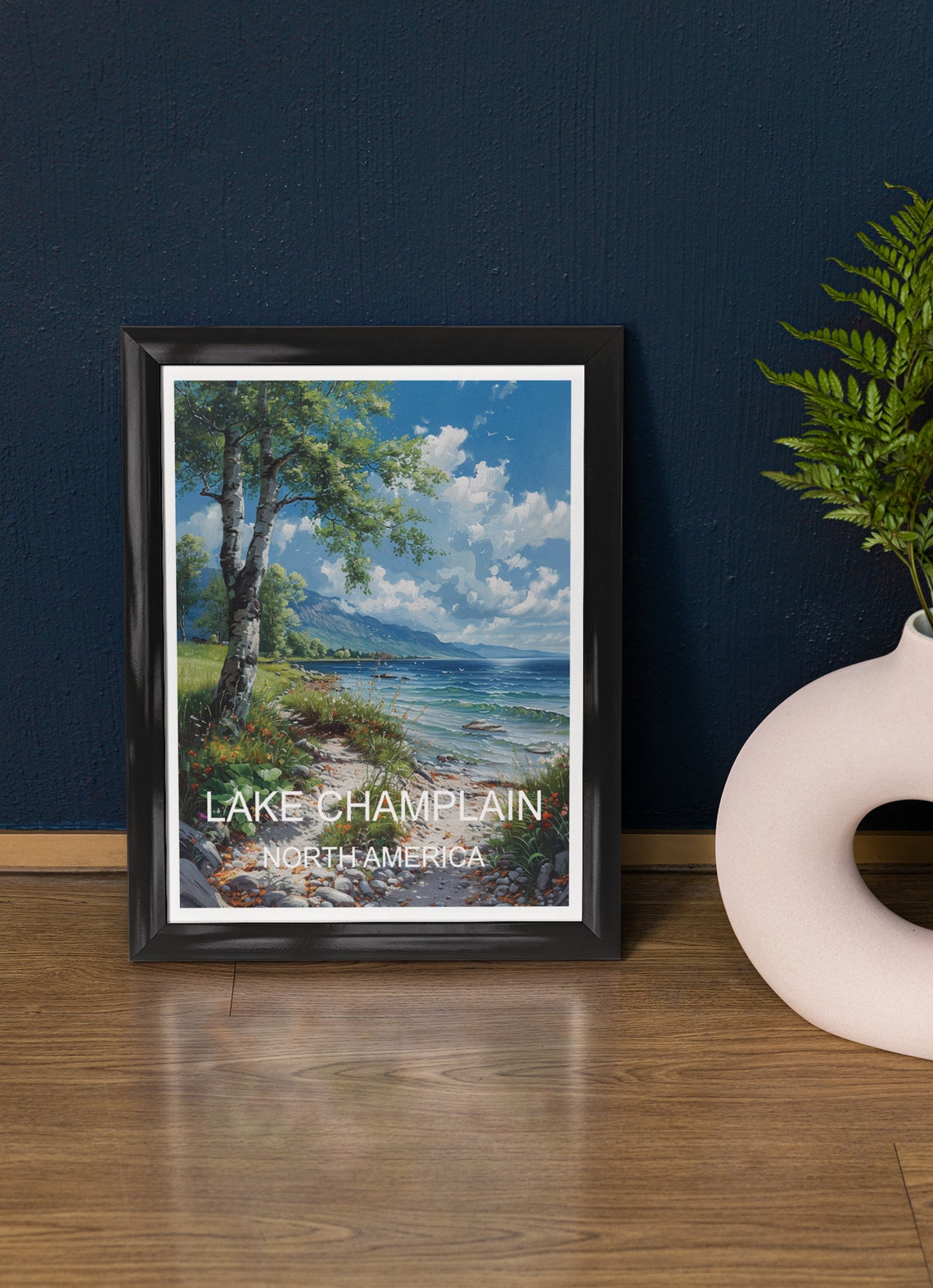 Lake Champlain Birch Trees Lakeside Mountain View Travel Poster
