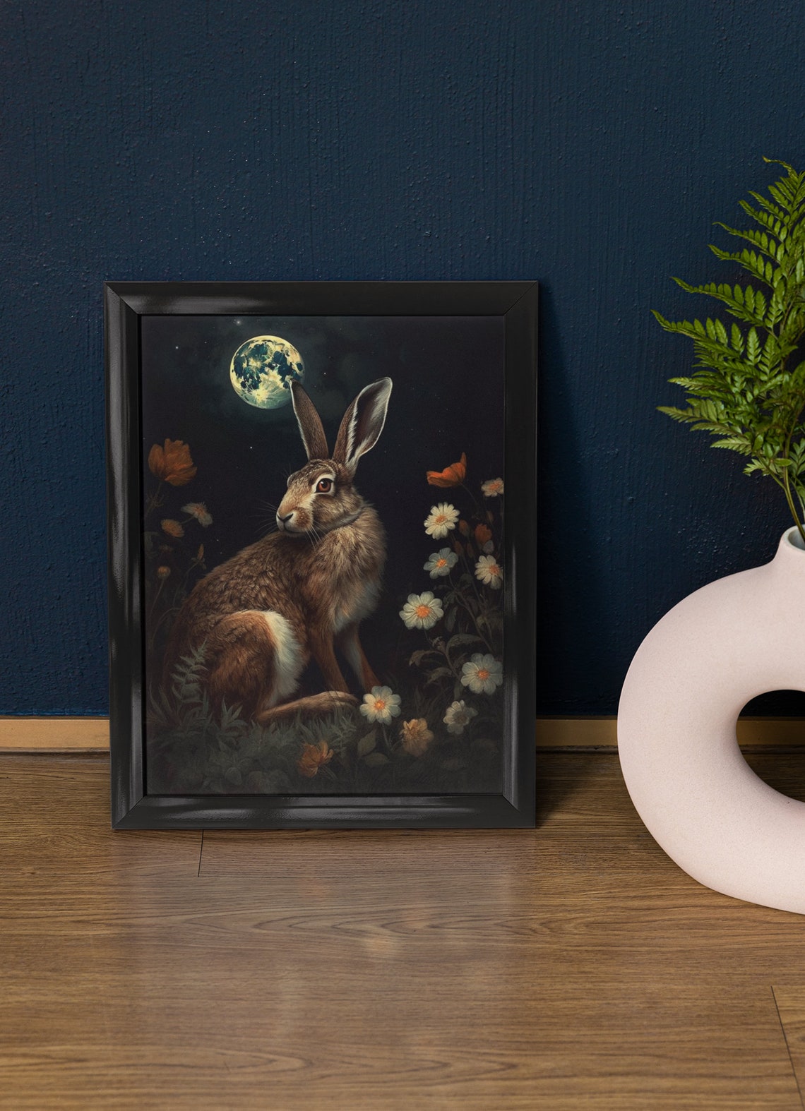 Wild Hare Under Full Moon Dark Academia Floral Night Scene Poster