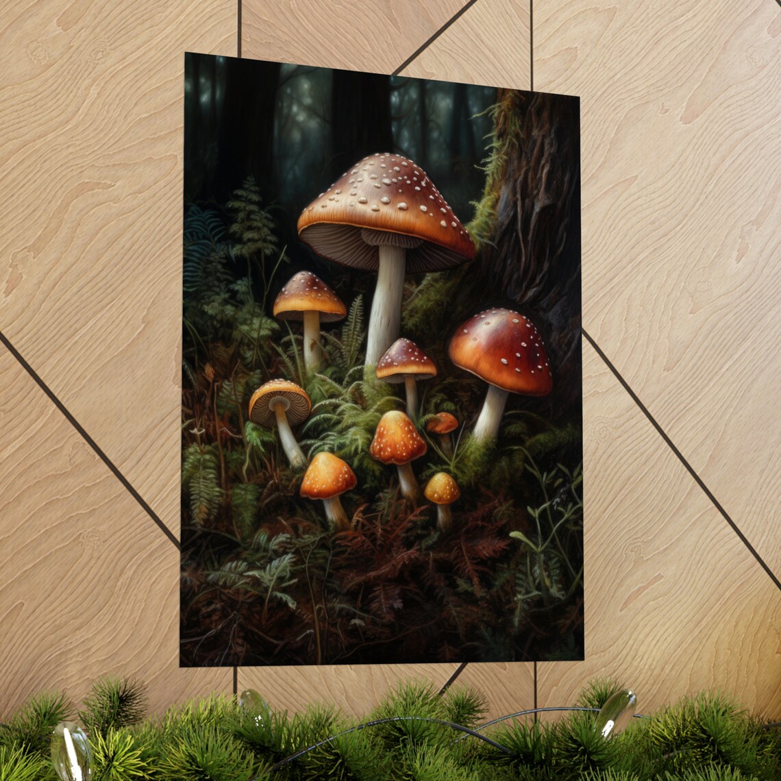 Cluster Of Spotted Brown Mushrooms In Dark Moody Forest Glade Poster - Image 2