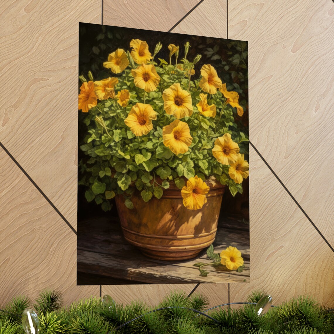 Golden Petunias Terracotta Pot Sunlit Dark Moody Floral Poster - Image 2