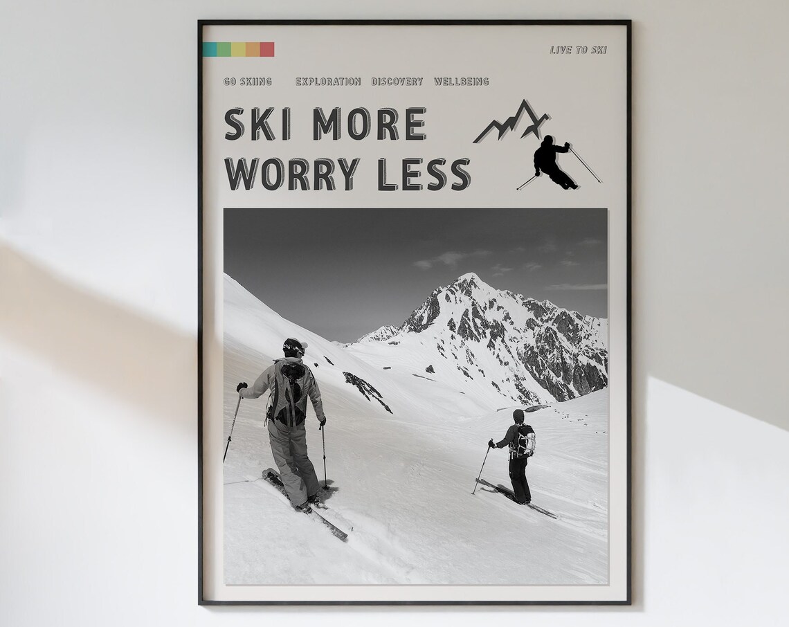 Ski More Worry Less Vintage Skiing Alps Art Print - Image 3