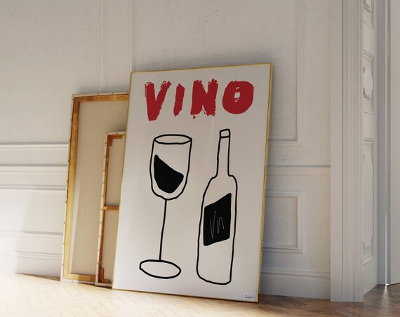 Vino Red Brush Letters Wine Glass Bottle Hand Drawn Bar Cart Poster