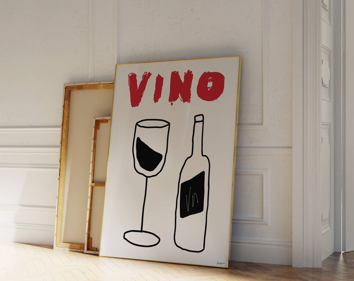 Vino Red Brush Letters Wine Glass Bottle Hand Drawn Bar Cart Poster