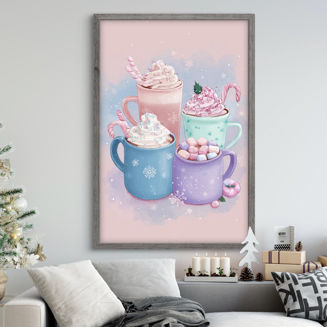 Christmas Hot Cocoa Four Pastel Mugs Sweet Holiday Art Poster