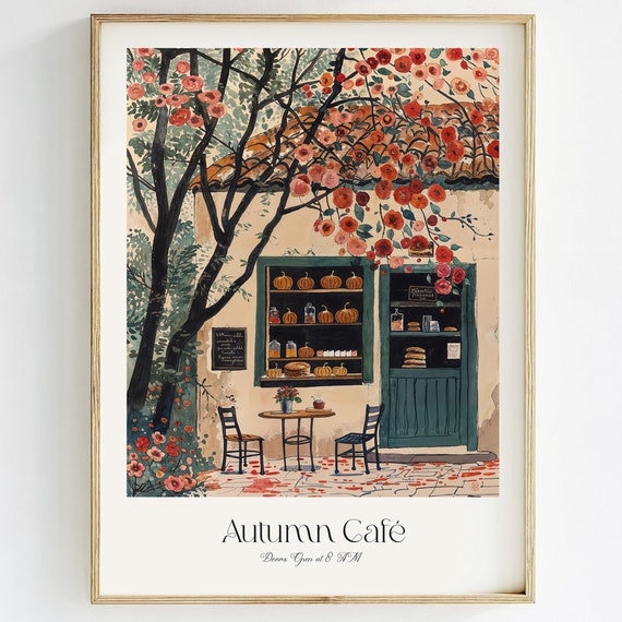 Fall Cafe Bakery Art Print, Parisian Watercolor Vintage