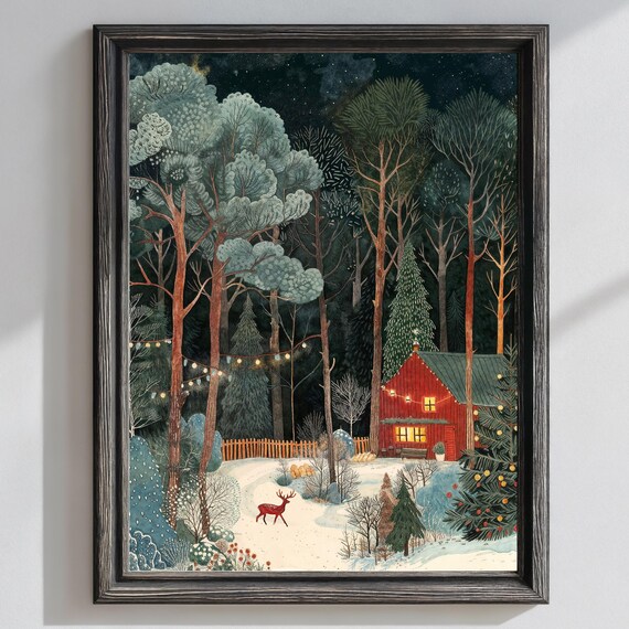 Red Cabin in Snowy Forest Poster Winter Night String Lights and Deer Art