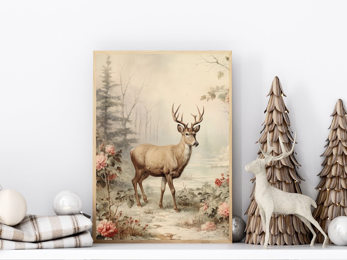 Christmas Woodland Art Print, Winter Forest Deer - Image 3