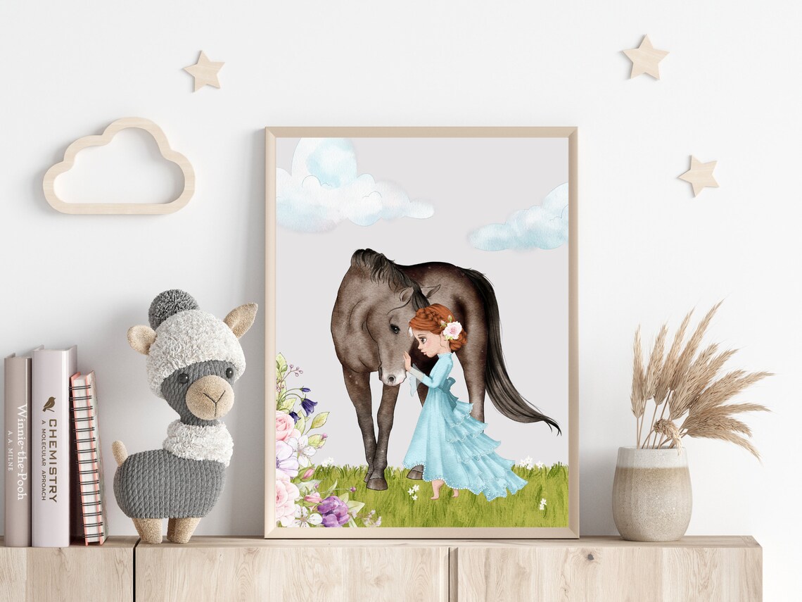 Red Hair Girl In Blue Dress Nuzzling Horse Watercolor Nursery Poster - Image 3
