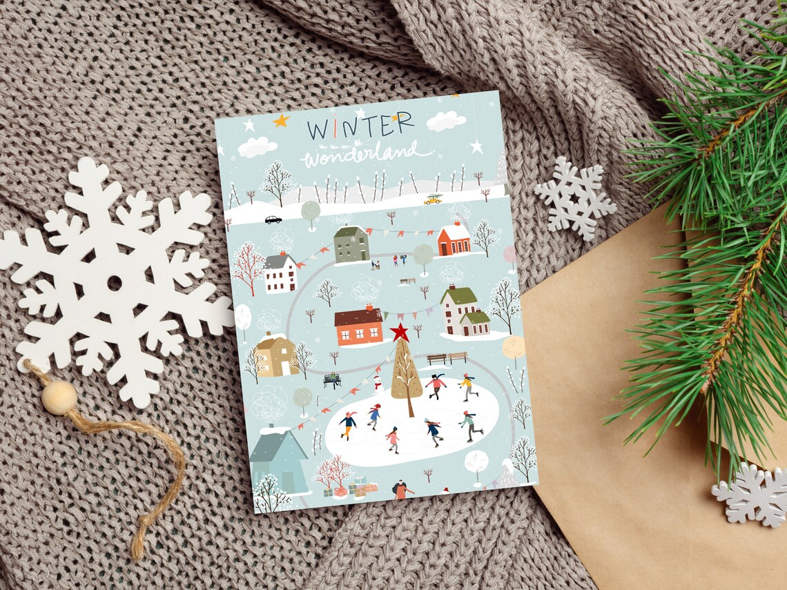 Bustling Snowy Village Christmas Art Print - Image 3
