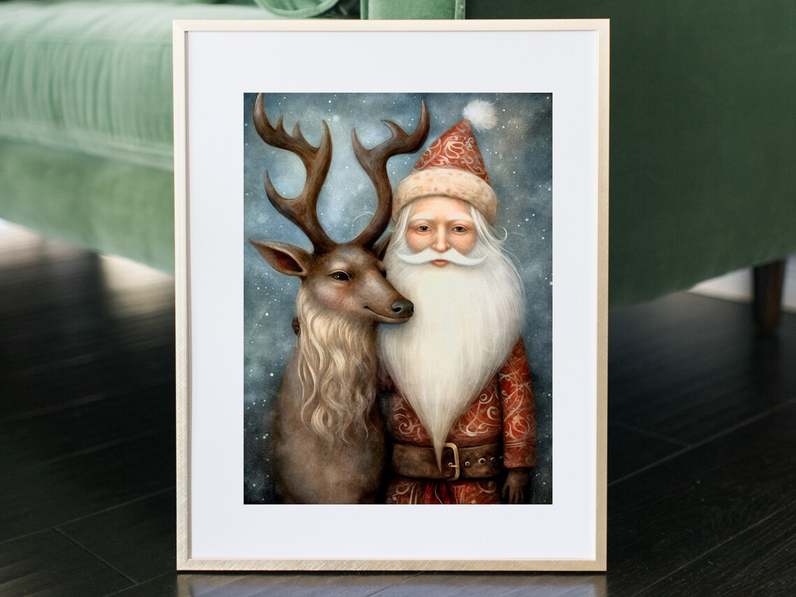 Santa And Reindeer Holiday Decor Christmas Art For Living Room Cozy Winter Art Christmas Art For Kids Room Or Nursery - Image 2