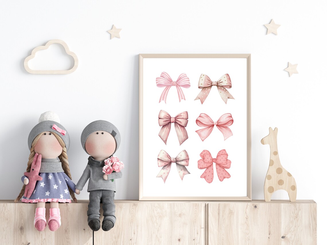 Pink Watercolor Bows Set of Six Girls Nursery Room Wall Poster - Image 2