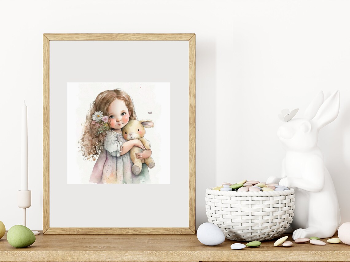 Sweet Little Girl Hugging Bunny Watercolor Nursery Decor Art Print - Image 2