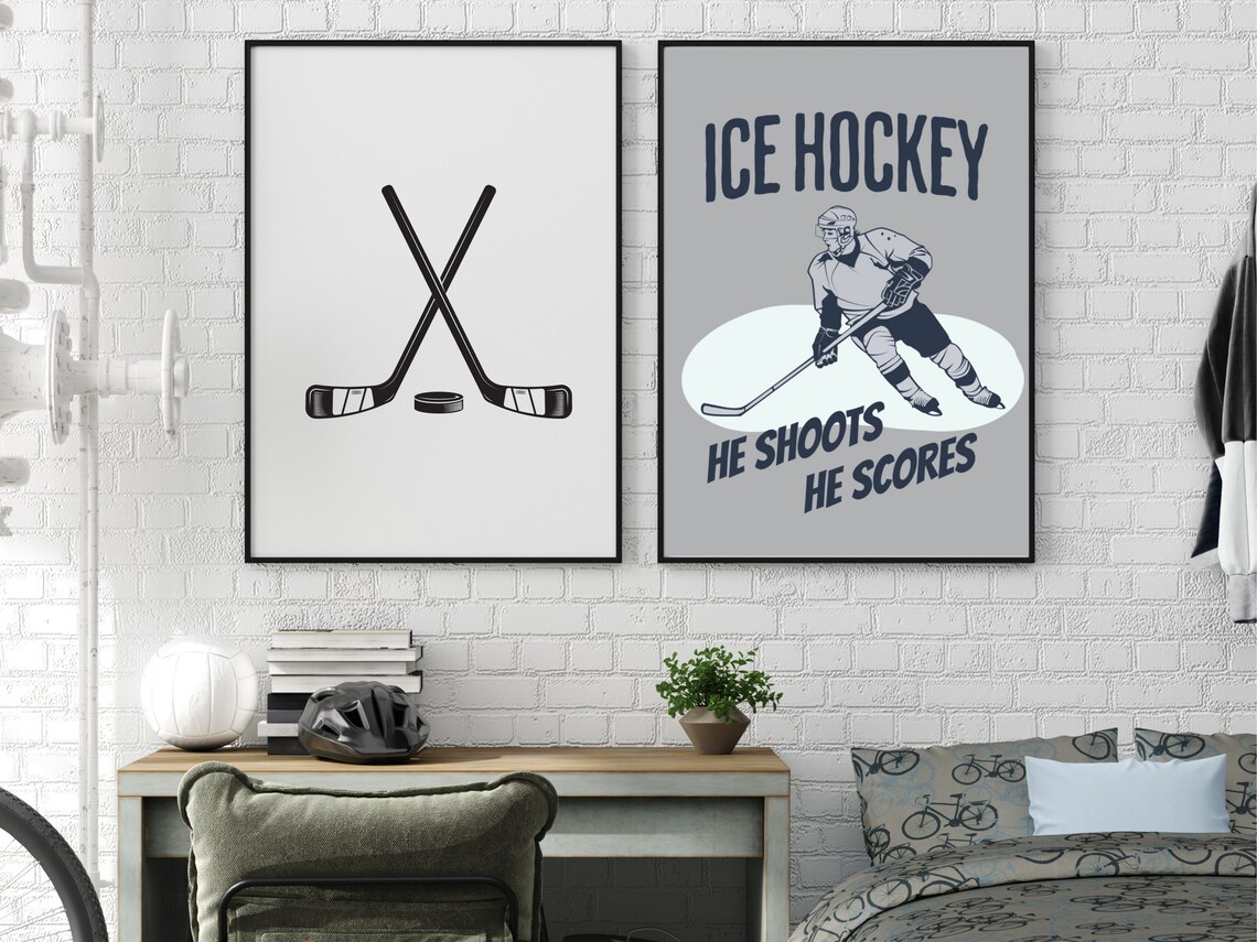 Ice Hockey He Shoots He Scores Poster Boys Room Sports Duo Wall Decor