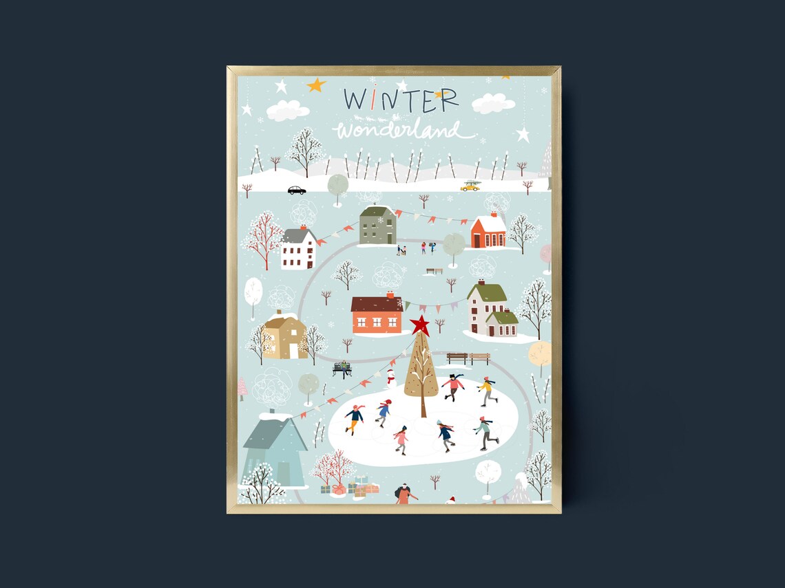 Bustling Snowy Village Christmas Art Print - Image 2