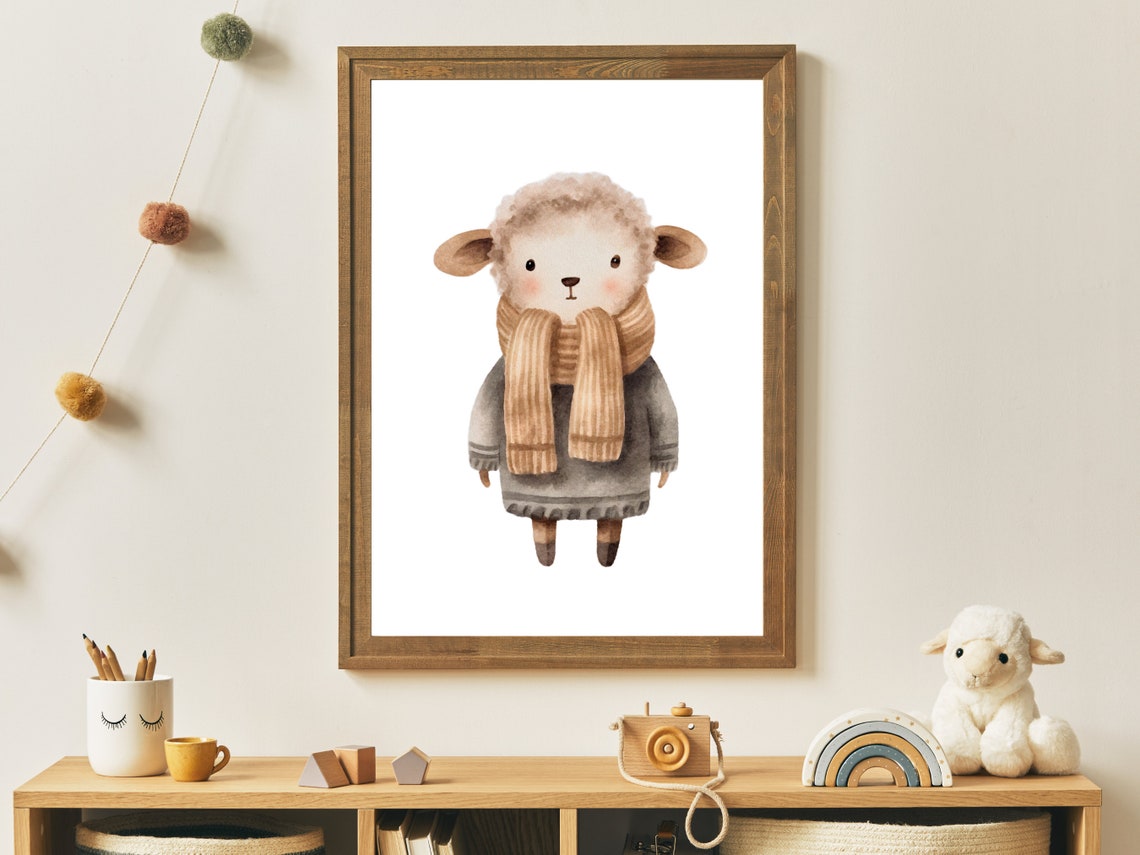 Cute Lamb Wearing Sweater And Scarf Watercolor Winter Nursery Poster - Image 3