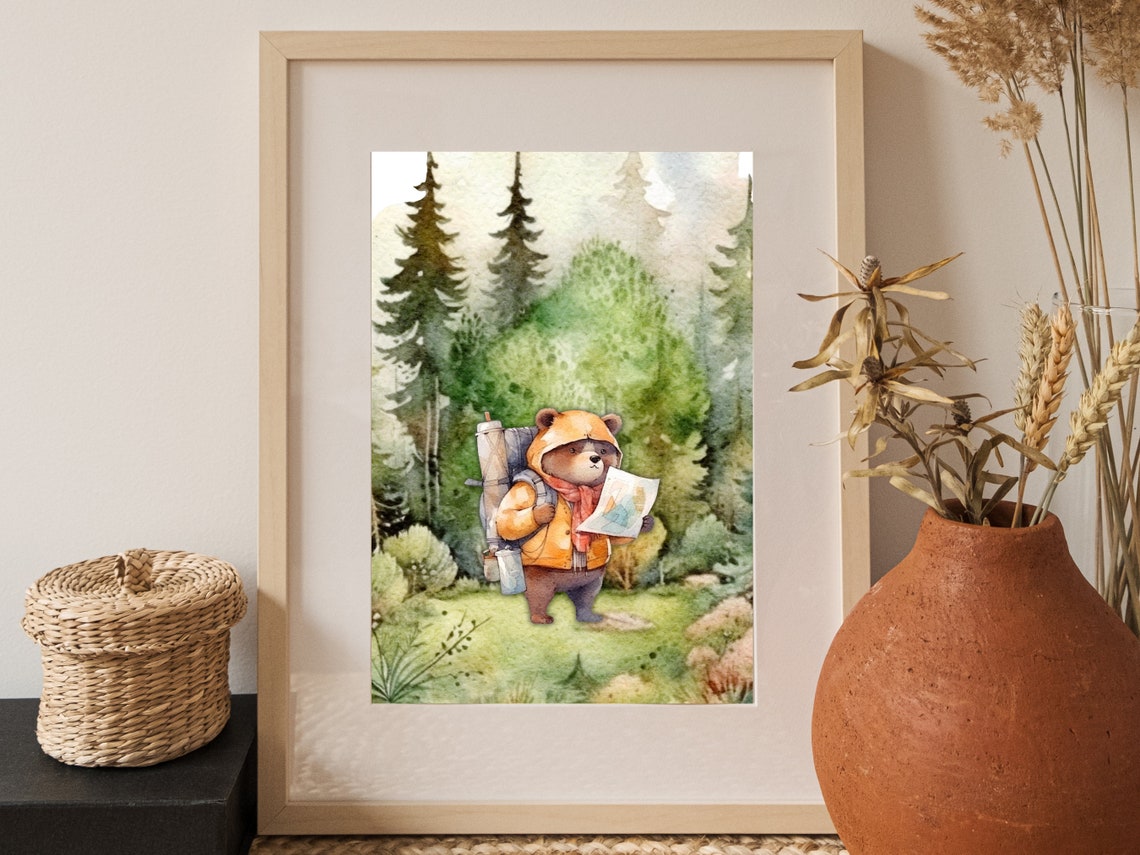 Little Bear Explorer Reading a Map Forest Woodland Nursery Poster - Image 3