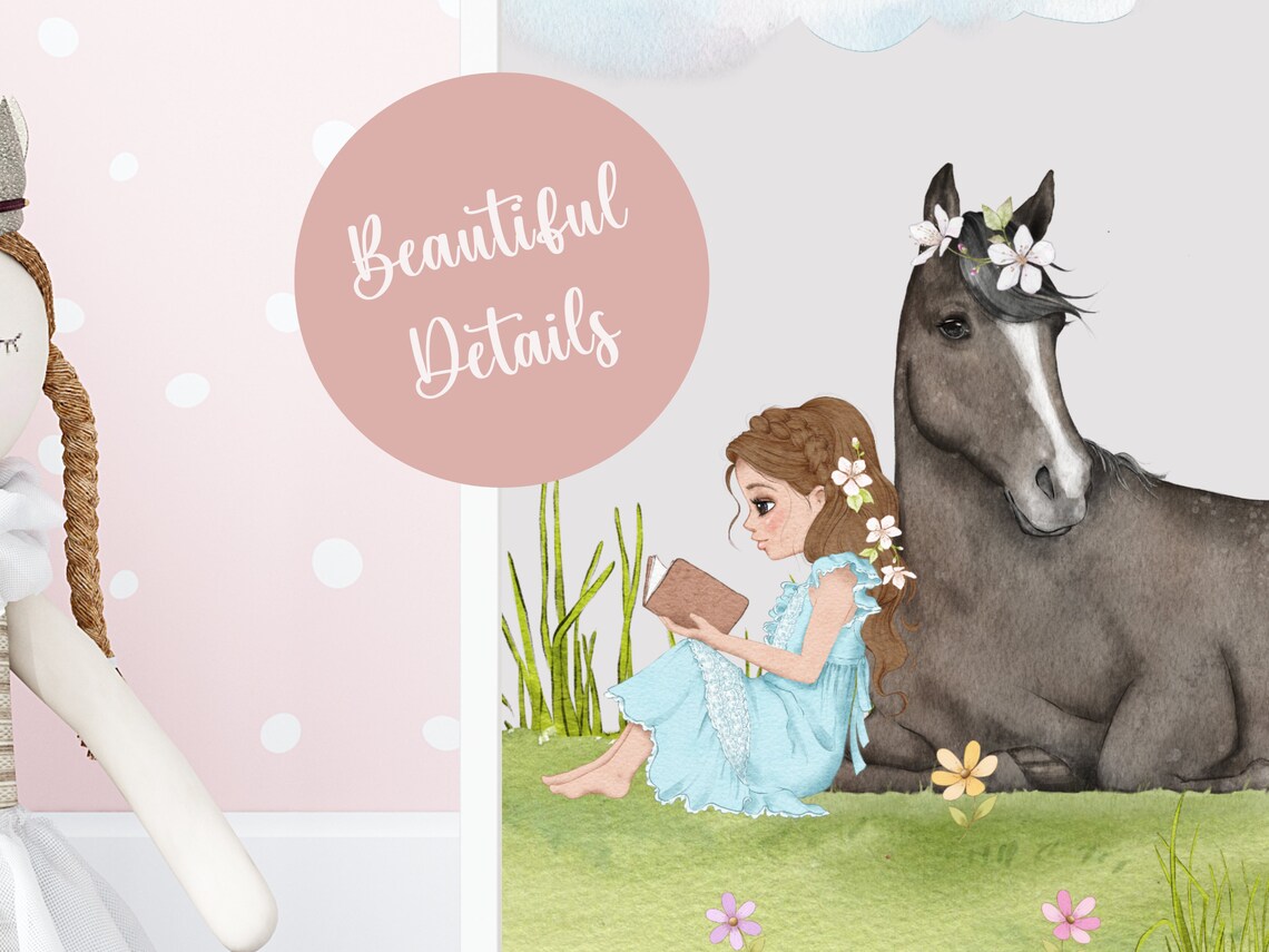 Brunette Girl Reading To Grey Horse Watercolor Fairytale Nursery Poster - Image 4