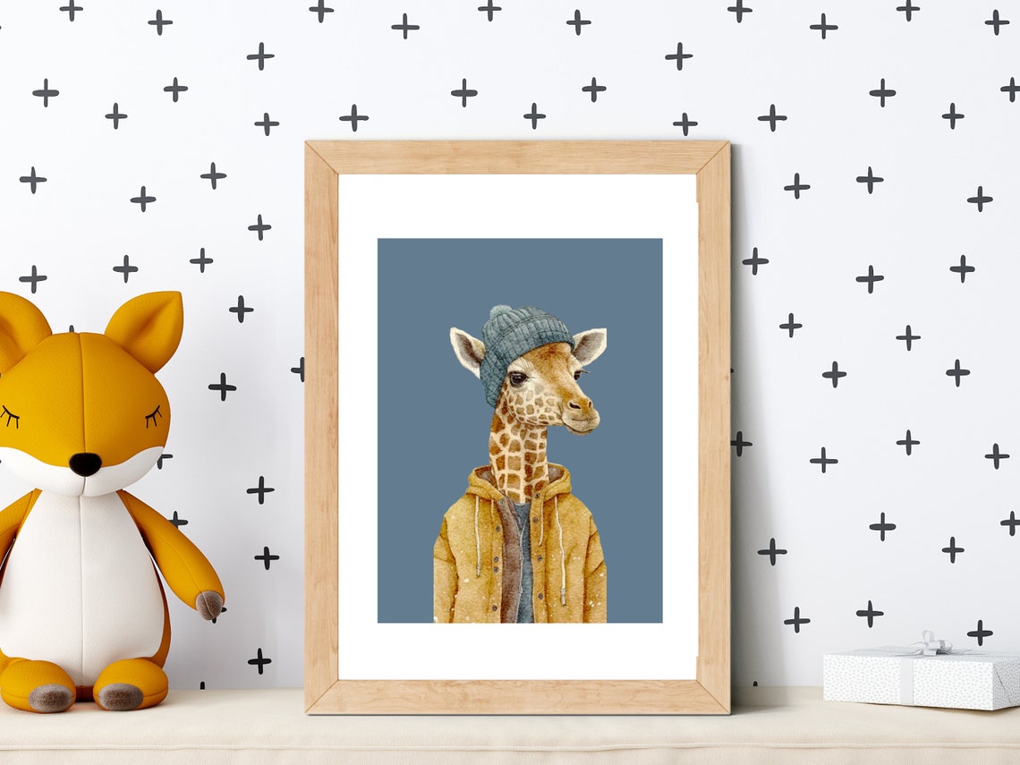 Funny Giraffe in Beanie and Yellow Raincoat Nursery Wall Print - Image 2