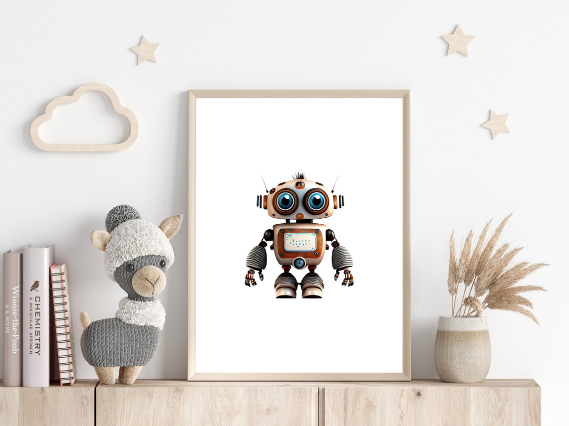 Cute Smiling Robot with Big Eyes Kids Room Nursery Art Print - Image 2