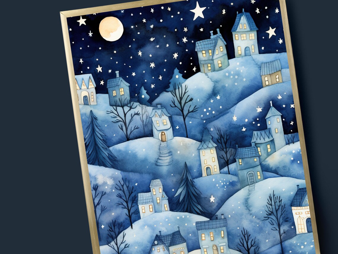 Winter Village Art Print, Starry Christmas Town - Image 3