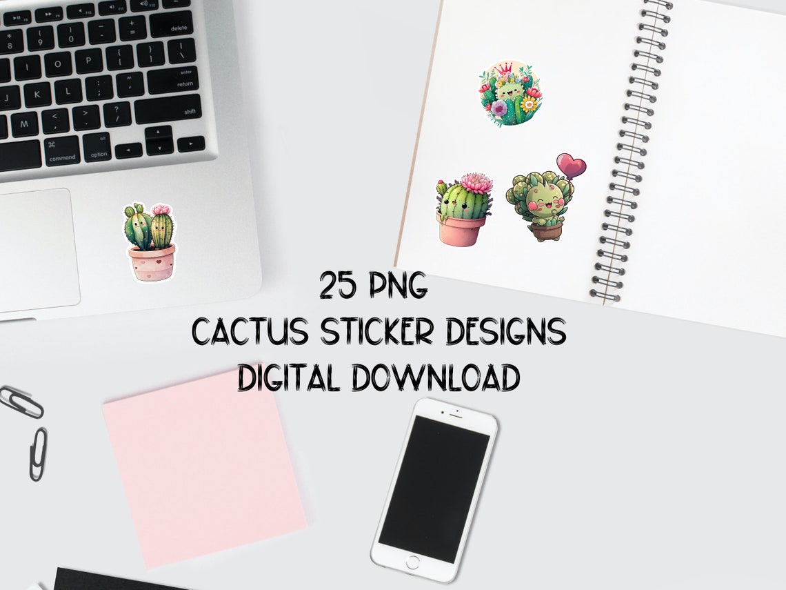 Cute Kawaii Cactus In Pink Pot Watercolor Vinyl Sticker Print - Image 6