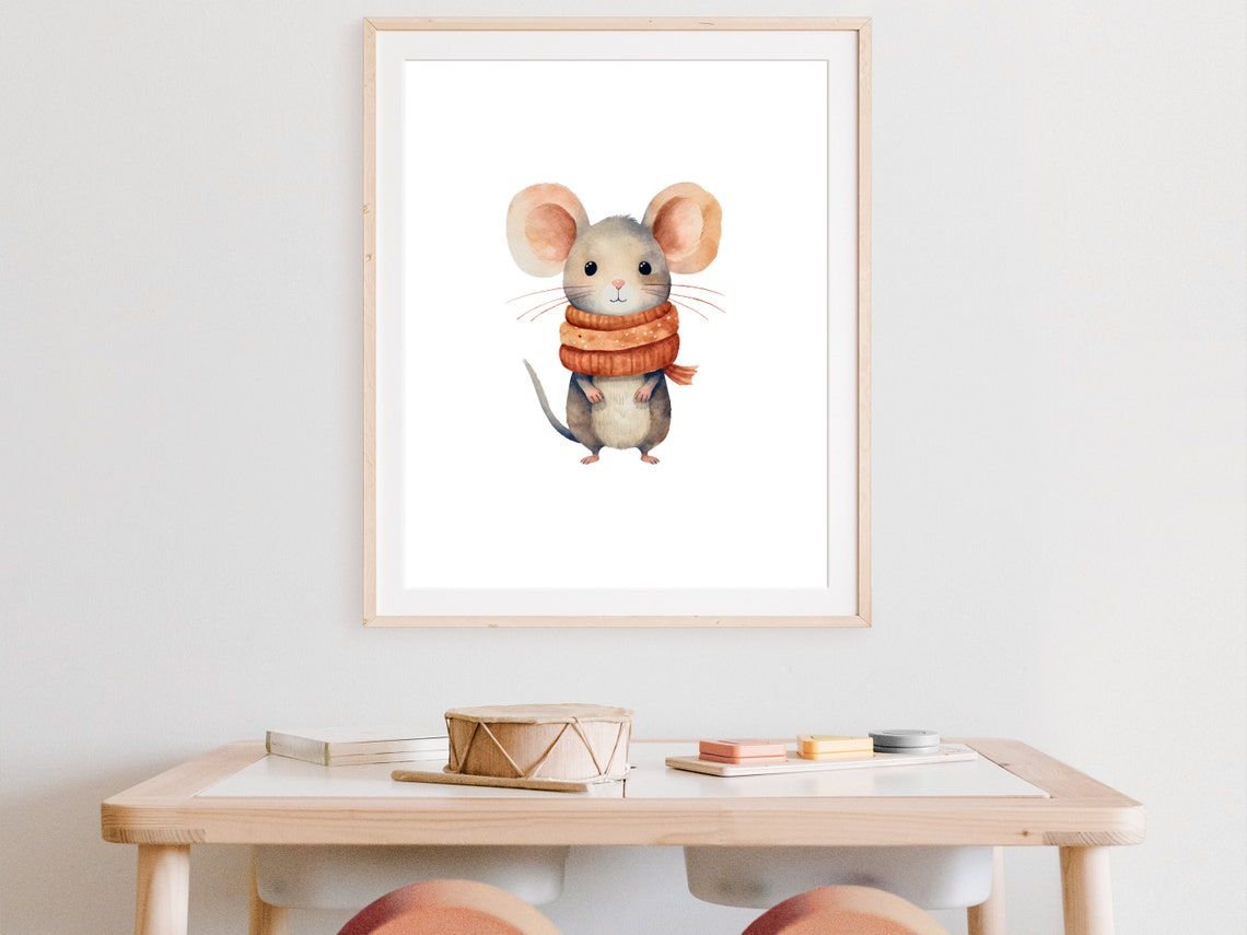 Cute Mouse Wearing Orange Knit Scarf Watercolor Winter Nursery Poster - Image 4