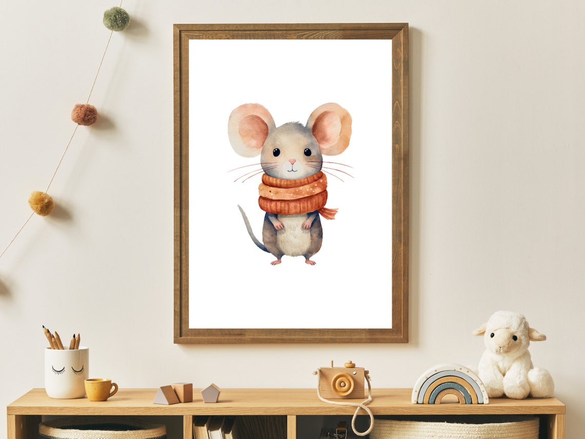 Cute Mouse Wearing Orange Knit Scarf Watercolor Winter Nursery Poster - Image 3