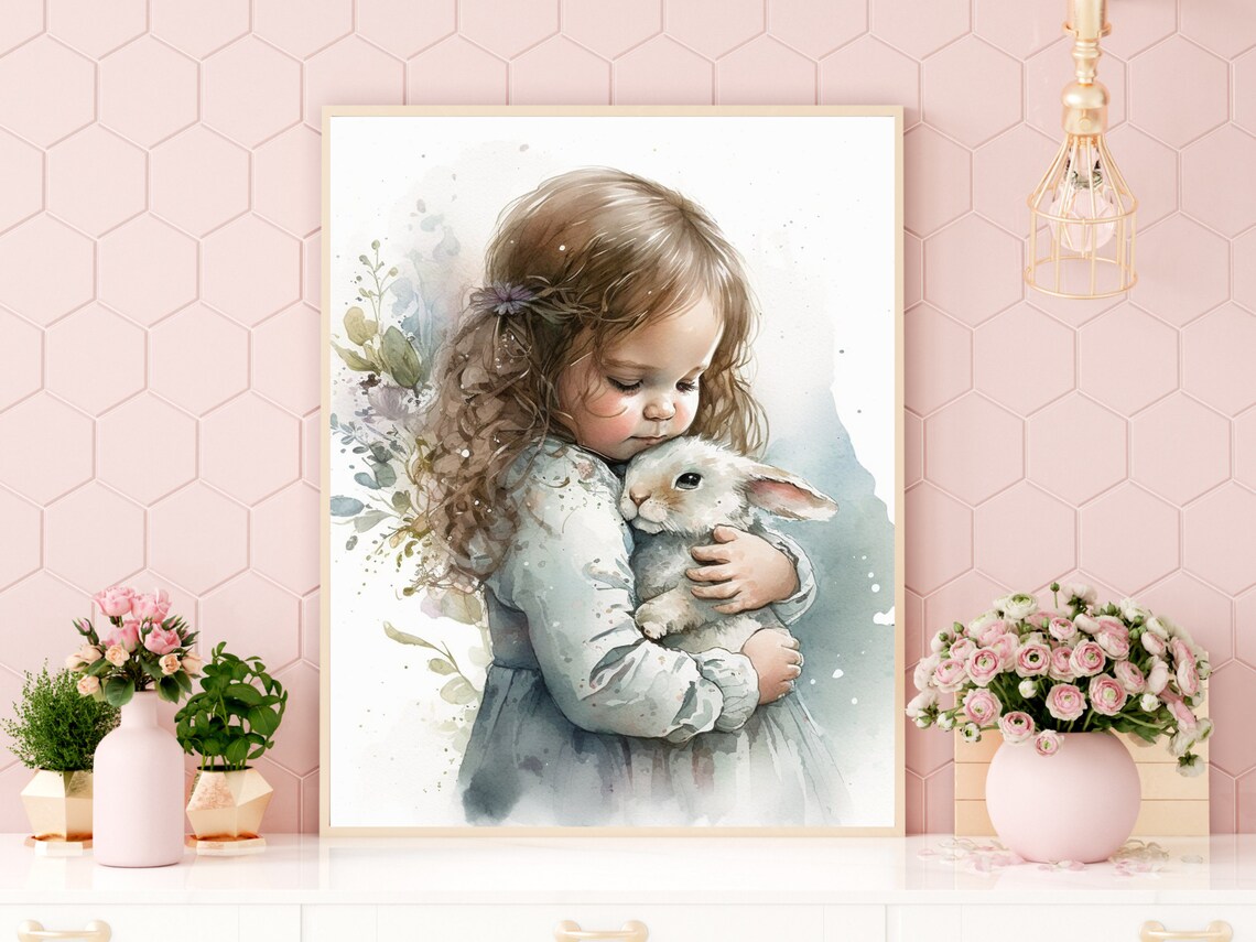 Sweet Little Girl and Fluffy Bunny Watercolor Art Print