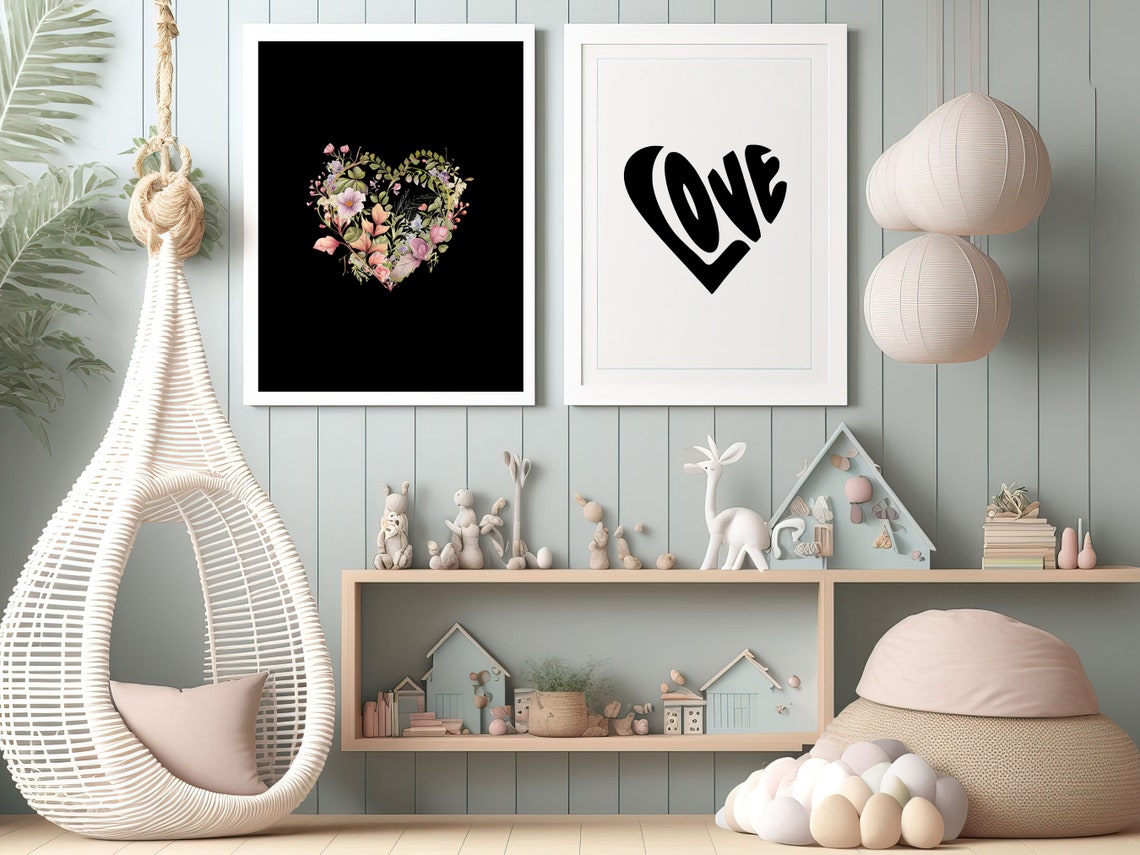 Floral Heart Nursery Decor Love For Girls Room Watercolour Flower Art Girls Room Gallery Wall Decor Art - Image 3